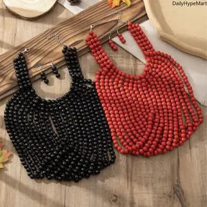 Women's Boho Handmade African Wood Bead Choker Necklace with Colorful Tassel - African Products Fashion Accessory, Ideal Anniversary Gift