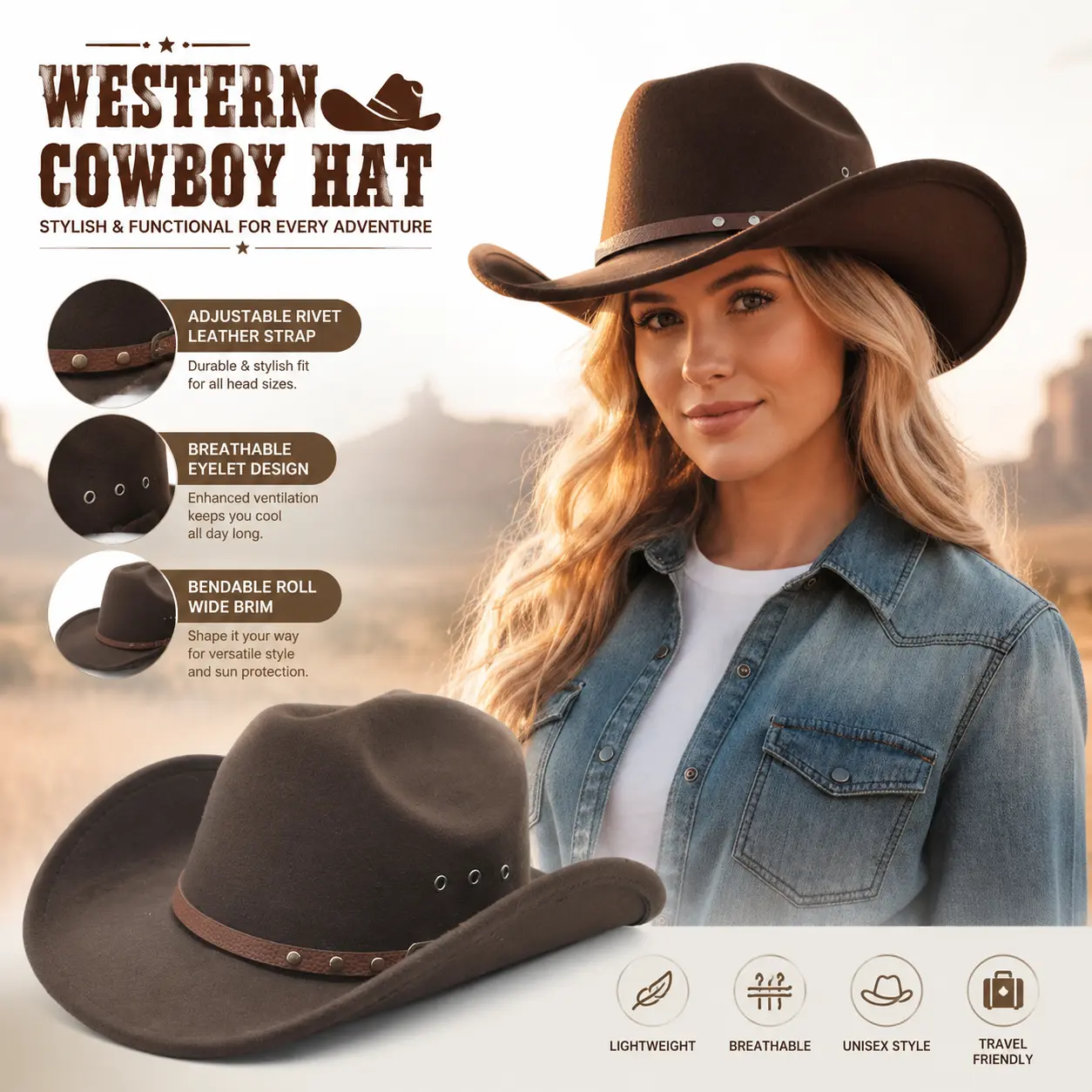 Adjustable Rivet Leather Strap Western Cowboy Cowgirl Hat, Bendable Roll Wide Brim Felt Jazz Cap, Breathable Eyelet Design Rodeo Costume Hat For Outdoor Travel Party Daily Wear