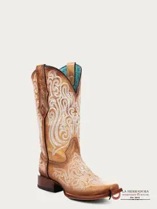 CORRAL LD STRAW-BLUE LUMINESCENT EMBROIDERY NARROW SQ. TOE -A4580