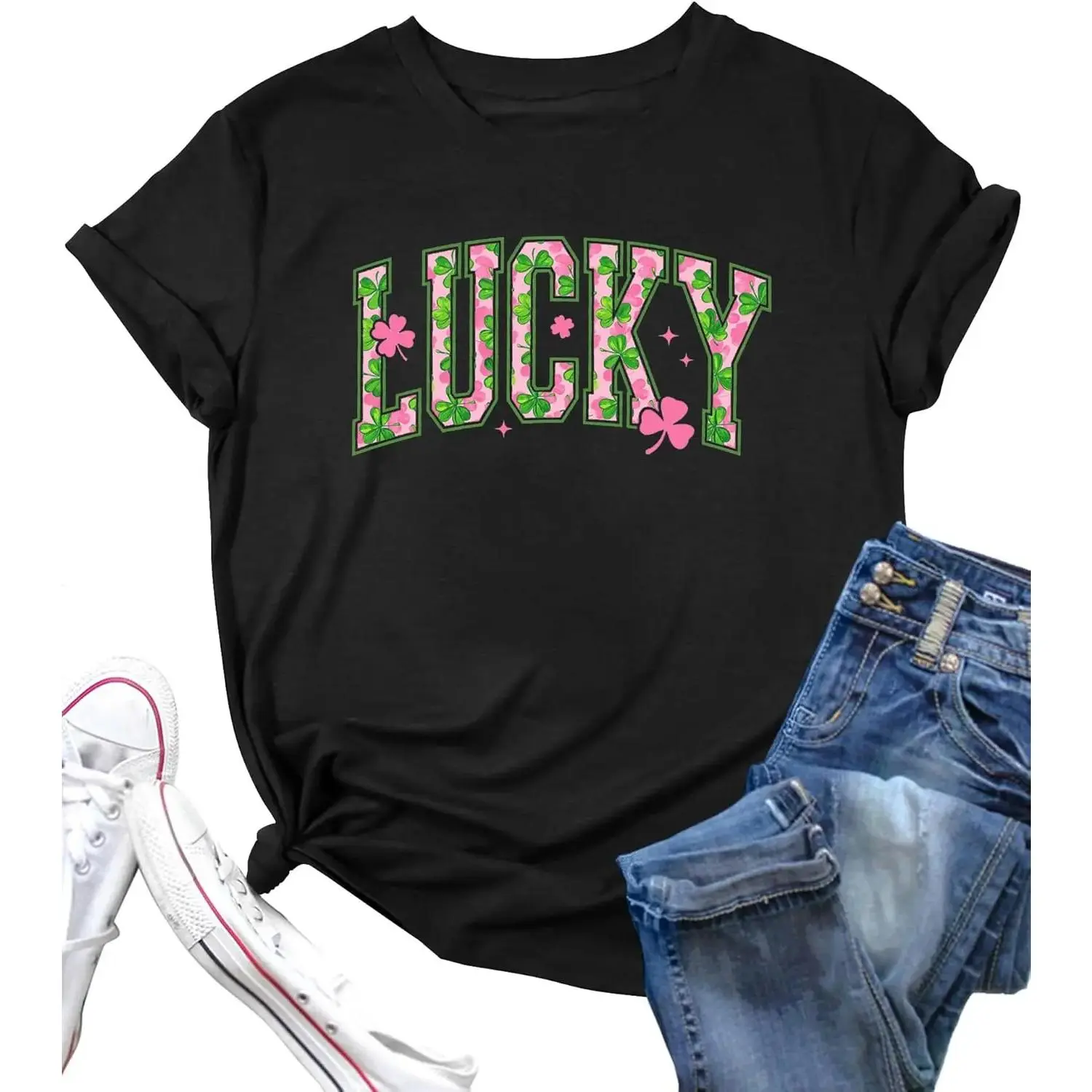 St Patricks Day Shirt Women Lucky Shamrock Tshirt Saint Patricks Day Green Clover Short Sleeve Tops Black