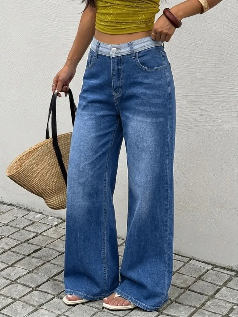 Women's Versatile High Waist Denim Wide Leg Jeans, Flexible Stretch Multi-Pocket Durable Denim Trousers for Women, Soft Wrinkle-Resistant Daily Wear
