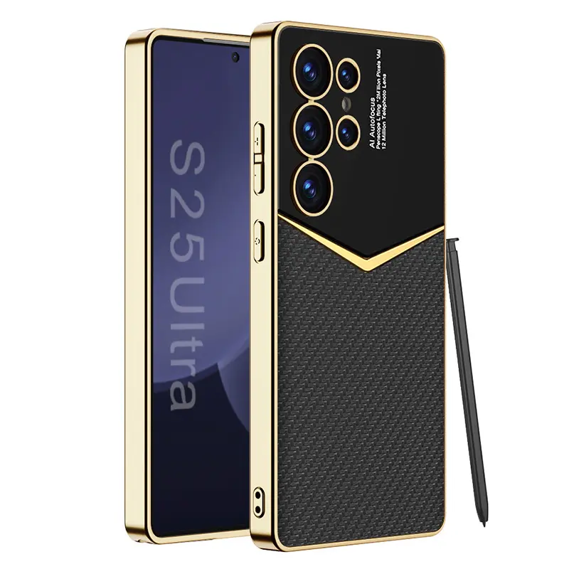 Electroplated Faux-Leather Jazz Slim Shockproof Smartphone Casing for Samsung S25 Ultra/S25 Plus, with Raised Camera Lip, Minimal Design, Ultra-Thin Full-Edge Protection, Anti-Slip Grip, Refined Boutique Finish (Fits Handheld Cellphone Devices)