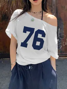 Women's Number Print Asymmetrical Neck Fitted Tee Top, Casual Streetwear Figure Printed T-shirt for Daily Wear, Ladies Clothes for Summer