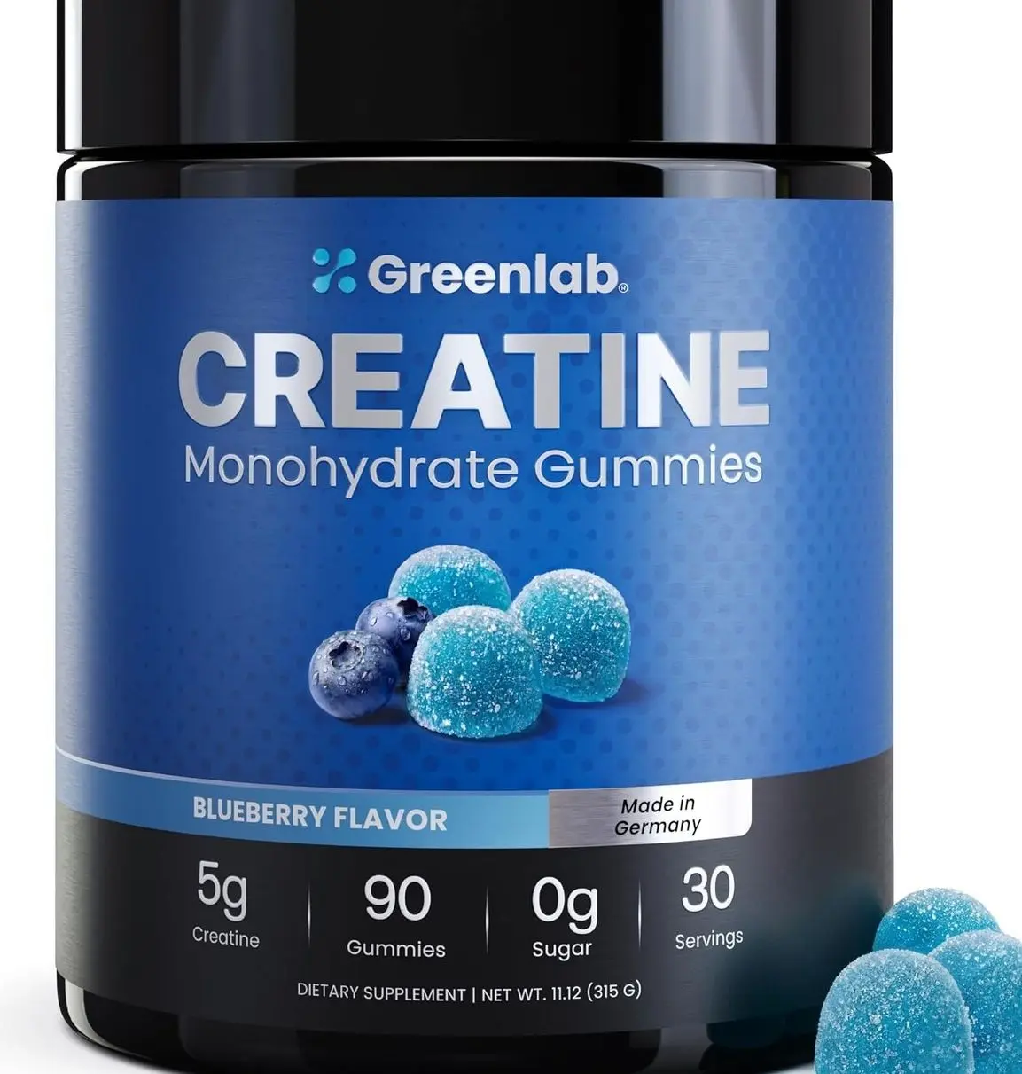 GreenLab Creatine Monohydrate Gummies for Men & Women – 5g per Serving for Muscle Strength & Recovery, 90 Gummies, Sugar-Free, Vegan, Blueberry Flavour, Made in Germany