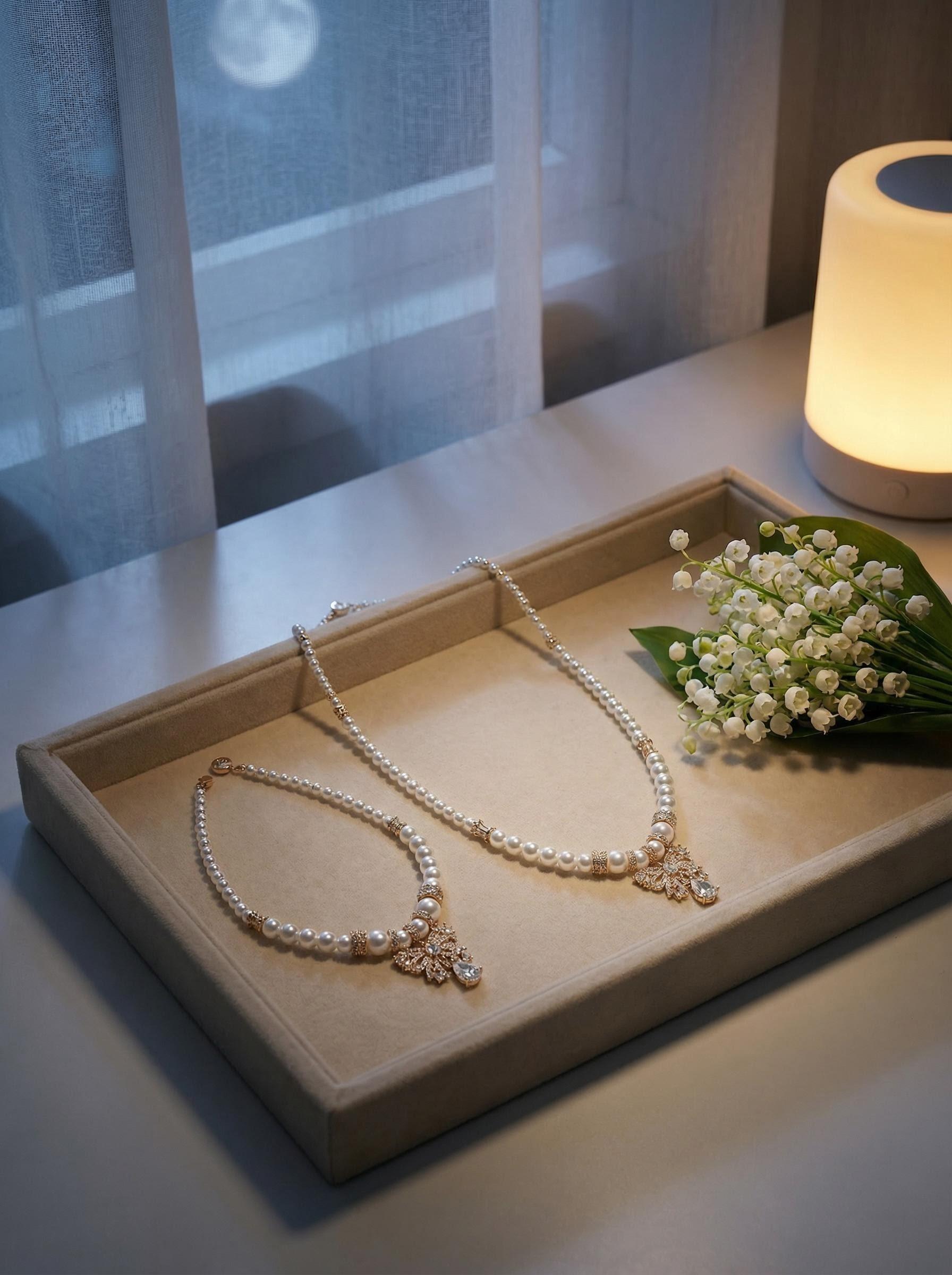 Frost Gleam & Whisper Owner and Pet Pearl Zircon Necklace Set for Daily Wear