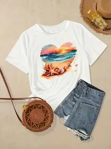 Women's Plus Size Tropical Beach Sunset Print T-Shirt - Casual Short Sleeve Round Neck Tee with Palm Trees & Seashells Design, Machine Washable Summer Vacation Top for Beach Outings & Casual Wear, Relaxed Summer Tee, Resort Style Tee, Breathable Fabric