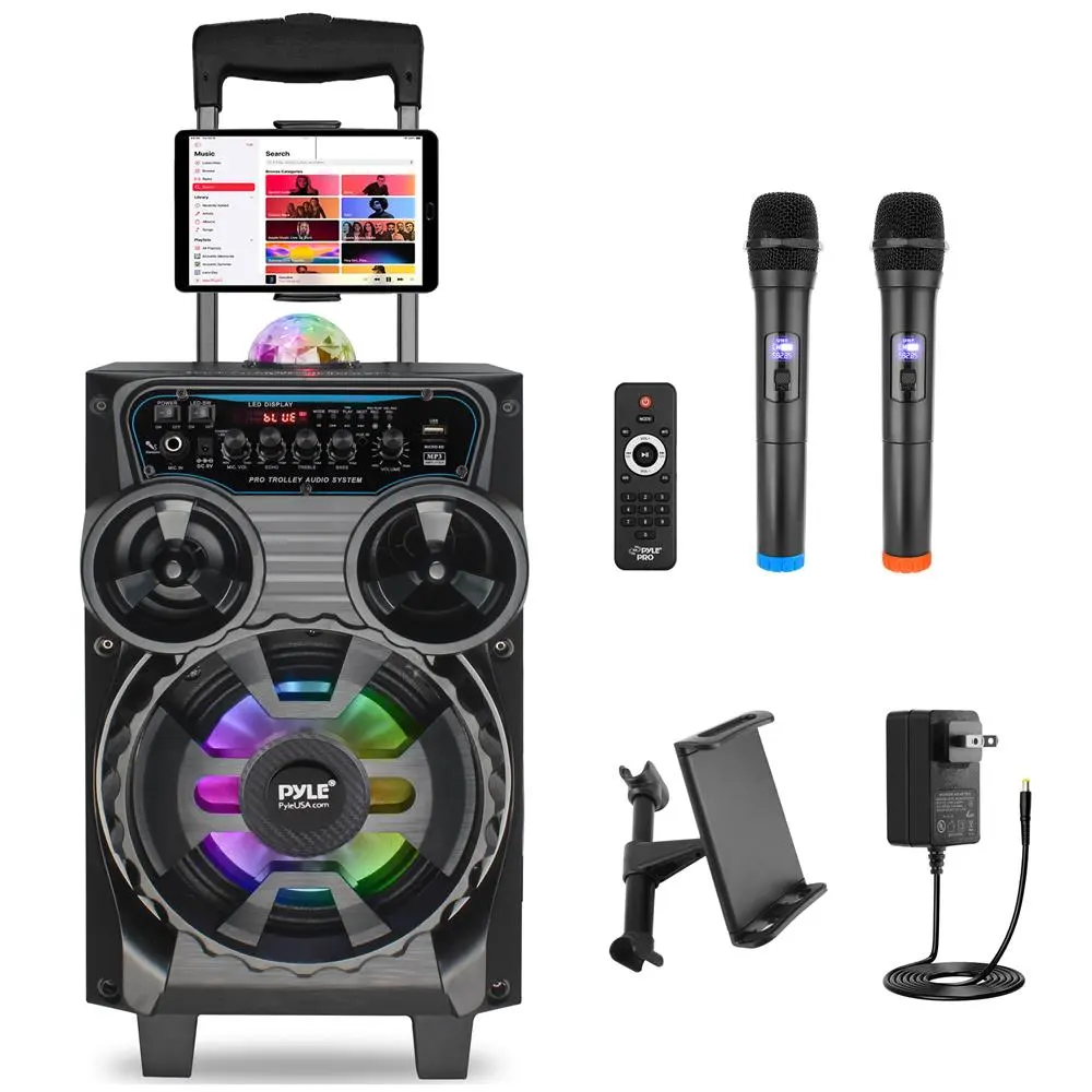 580W Durable Portable Bluetooth Stereo PA Speaker with Wireless Microphones, Rechargeable Battery, LED Party Light, FM Radio, USB/SD/AUX, Trolley Wheels, Tablet Stand for Tablets, Computers & Subwoofer Compatibility
