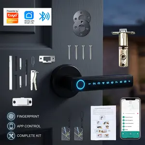 Smart Fingerprint Door Lock with Handle, Keyless Entry Digital Door Lock with Touch Keypad, Tuya/Smart Life App Control, Biometric Smart Lock with Keys & IC Cards, No Drill Installation for Home, Office, Apartment