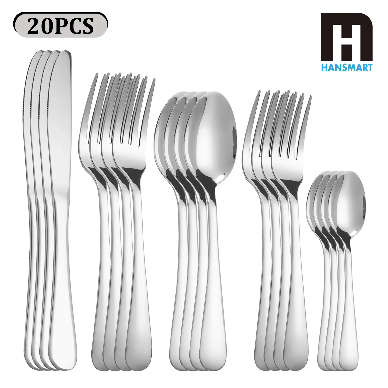 20PCS Stainless Steel Flatware Set for 4 - Dining Cutlery Set, Plain Polished Handle Cutlery, Dishwasher Safe, Ideal for Family Gathering, Formal Event, Home Use