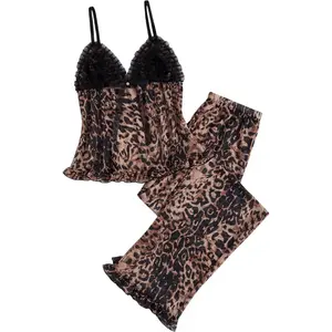 Women's 2 Piece Cheetah Leopard Mesh Pajama Set Bow Cami Top Pants Sleepwear Pjs
