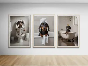 Dachshund Bathroom prints Set of 3 Poster, Weiner dog on toilet and dog in bath tub Art Print, Home Room Decor