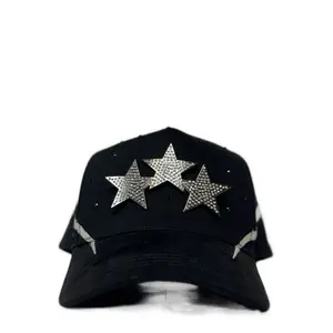 Hat 3 Stars Silver Crystals Black