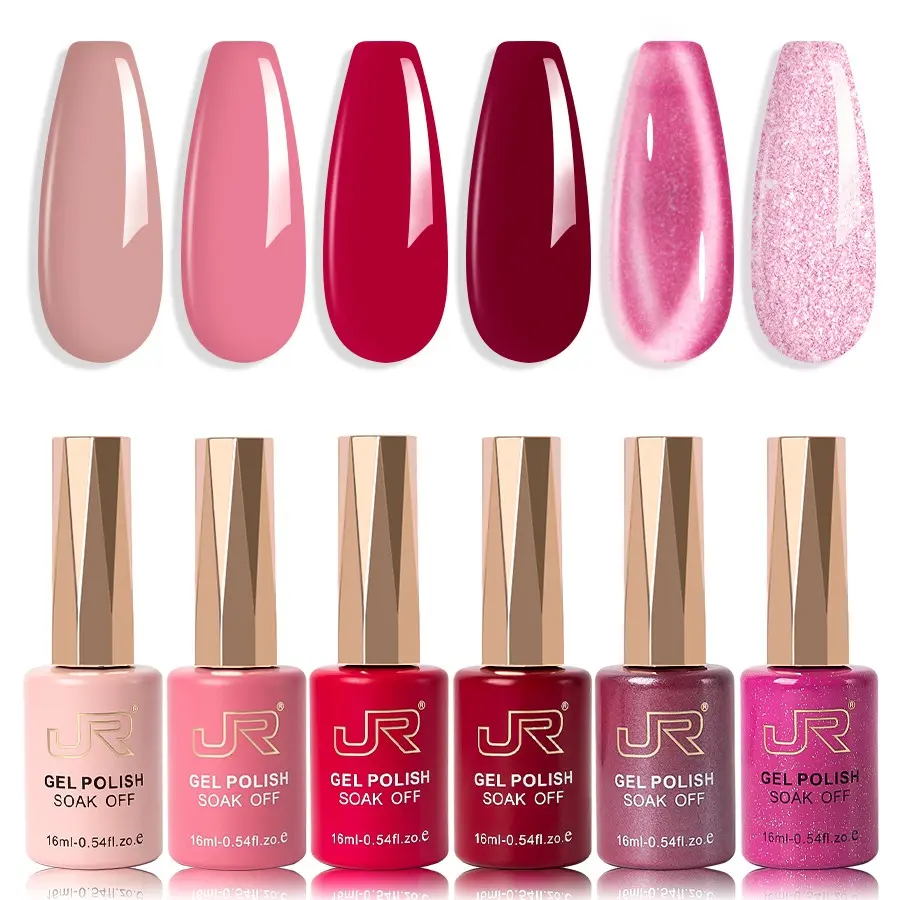 JR Hema Tpo Free Gel Nail Polish Set 6 Colors 16ml Cat Eye Red Brown Skin Black Grey Nude pink Gel Nail Polish Set, Soak off UV LED Nail Gel DIY Manicure Daily Winter Nail Salon for Women Nail Tech Supplies Gel Nail Art Gel Polishing