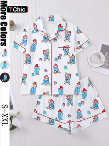 Women's Cute Bear Print Sleepwear Set, Short Sleeve Lapel Shirt & Loose Elastic Shorts, Casual All-Season Home Wear