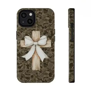 Grace & Grit "Camo Cross" Case - Rustic Wood Cross With White Bow - Faith Meets Style, Fashionable Protective Case, compatible with iPhone 17, 16, 15, 14, 13, 12, 11, X, and Samsung models. It makes a great holiday gift for friends or family.