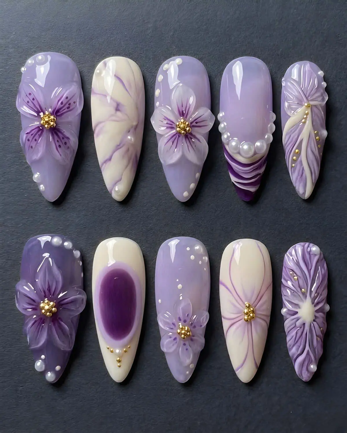 Handmade Press-On Nails with 3D Purple Flower Art, Reusable Soft Gel Set in an Oval Shape for Everyday Wear, Salon-Quality