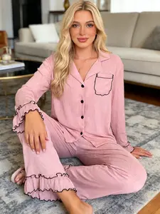 Soft Lace Trim Pajama Set Womenswear with Ruffle Accents, Relaxed Fit for All Seasons, Long Sleeve Cute Loungewear Homewear Pockets