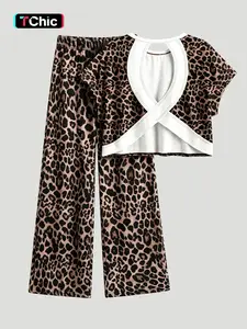 Women's Leopard Print Casual Set, Round Neck Short Sleeve Backless Top + Lounge Long Pants, 2 Piece for Comfortable Wear
