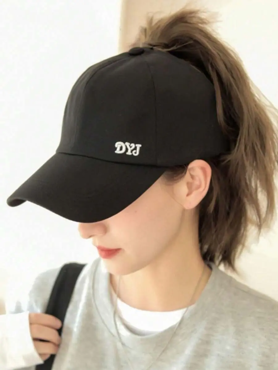 1pc Women’s Ponytail Backless Baseball Cap – Solid Color Casual Sun Visor Hat with Letter Embroidery, Breathable and Adjustable Design for UV Sun Protection, Ideal for Outdoor Activities, Travel, Cycling, Sports, and Beach Wear