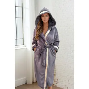 Grey Hooded Royalty Robe with Gold and Silver Greek Key Trim ~ Womens Soft Fleece Bathrobe with Hood and Pockets ~ Casual Loungewear for Women