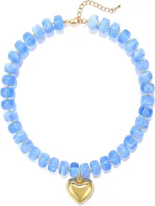 Pool Vacation Colorful Acrylic Puff Heart Necklace - Chunky Boho Y2K Choker Sweet & Edgy Statement Accessory Heart Shaped Necklace