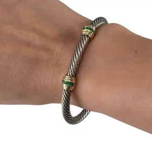 Pre-owned David Yurman Silver Bracelet L Double Emerald Bangle #174