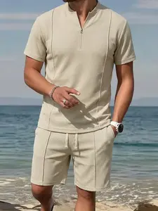 Men’s Casual Set – Quarter-Zip Short-Sleeve Top & Drawstring-Waist Shorts, Waffle Knit, Lightweight and Breathable Loungewear Outfit