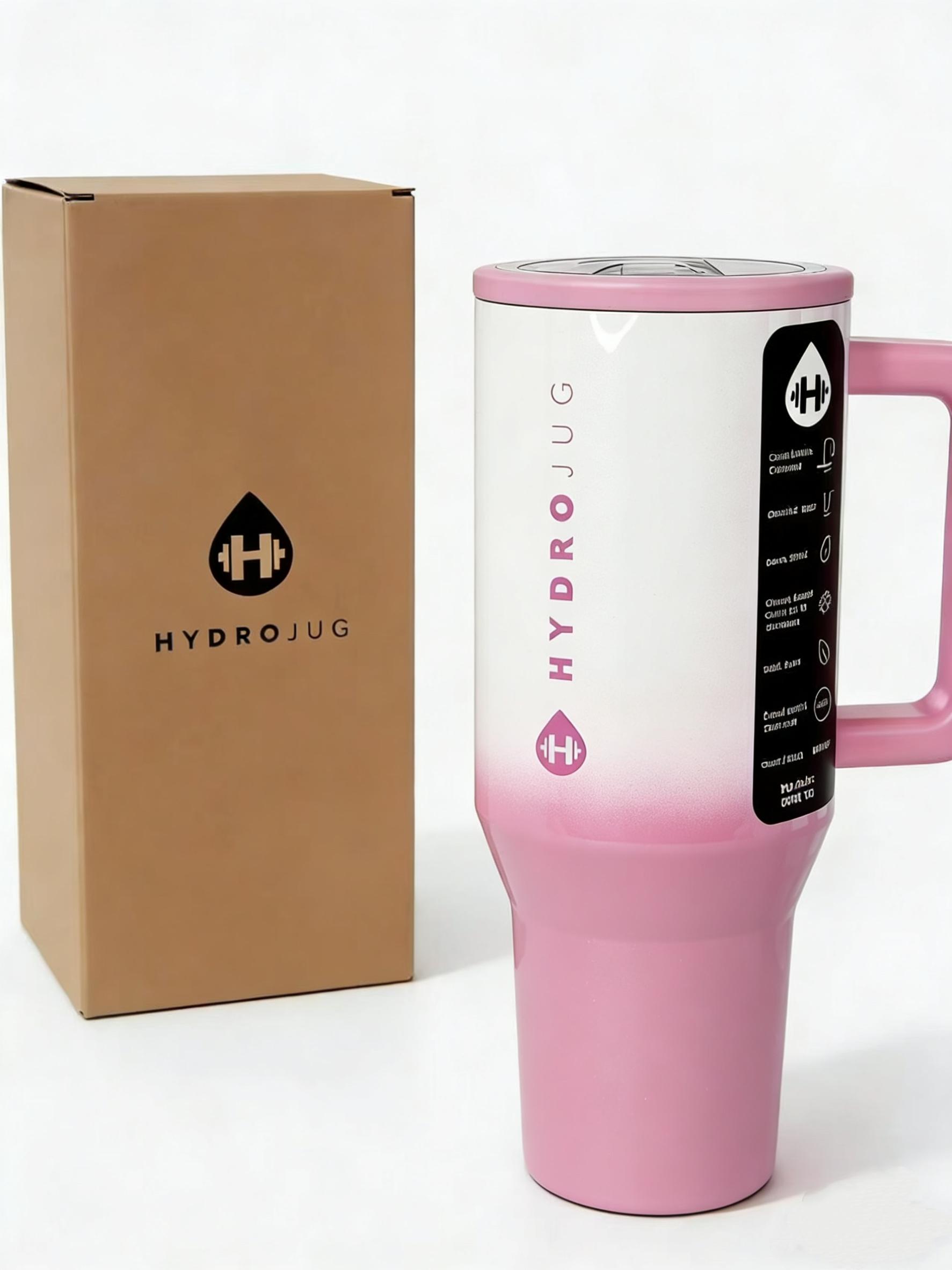 HydroJug 32oz Stainless Steel Tumbler Pink Ombre Travel Mug with Handle Lid Insulated Leak-Proof BPA-Free Drinkware Flask for Cold Drinks Portable Water Bottles Lightweight