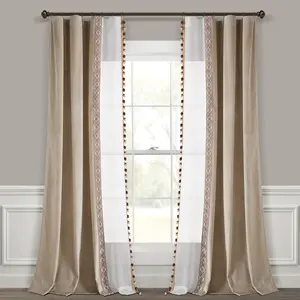 Lush Decor Luxury Vintage Velvet & Sheer Window Curtain Panel Single 42"W x 84"L OEKO-TEX Certified Faux Velvet No Lining Light Filtering & Sheer with Border Pompom Trim