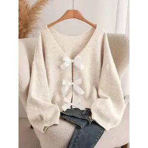 Plus Size Women's Fashion Bow Accent Comfortable Versatile Knitted Sweater For Autumn/Winter(Gift)11