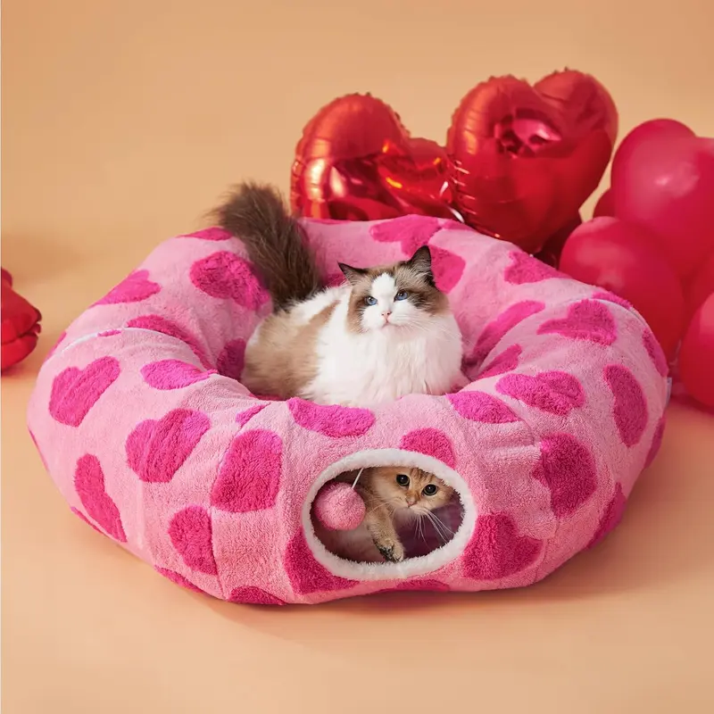 Lesure Cat Tunnel Bed for Indoor Cats - Warm&Cozy Cute Cat Donut Tunnel with Washable Circle Cushion, Valentine’s Day, Round Pet Play Tunnel Toy for Kitten/Puppy/Rabbit, Peekaboo Cave Toy, Cool Cat Stuff, Perfect for Autumn & Winter Calming