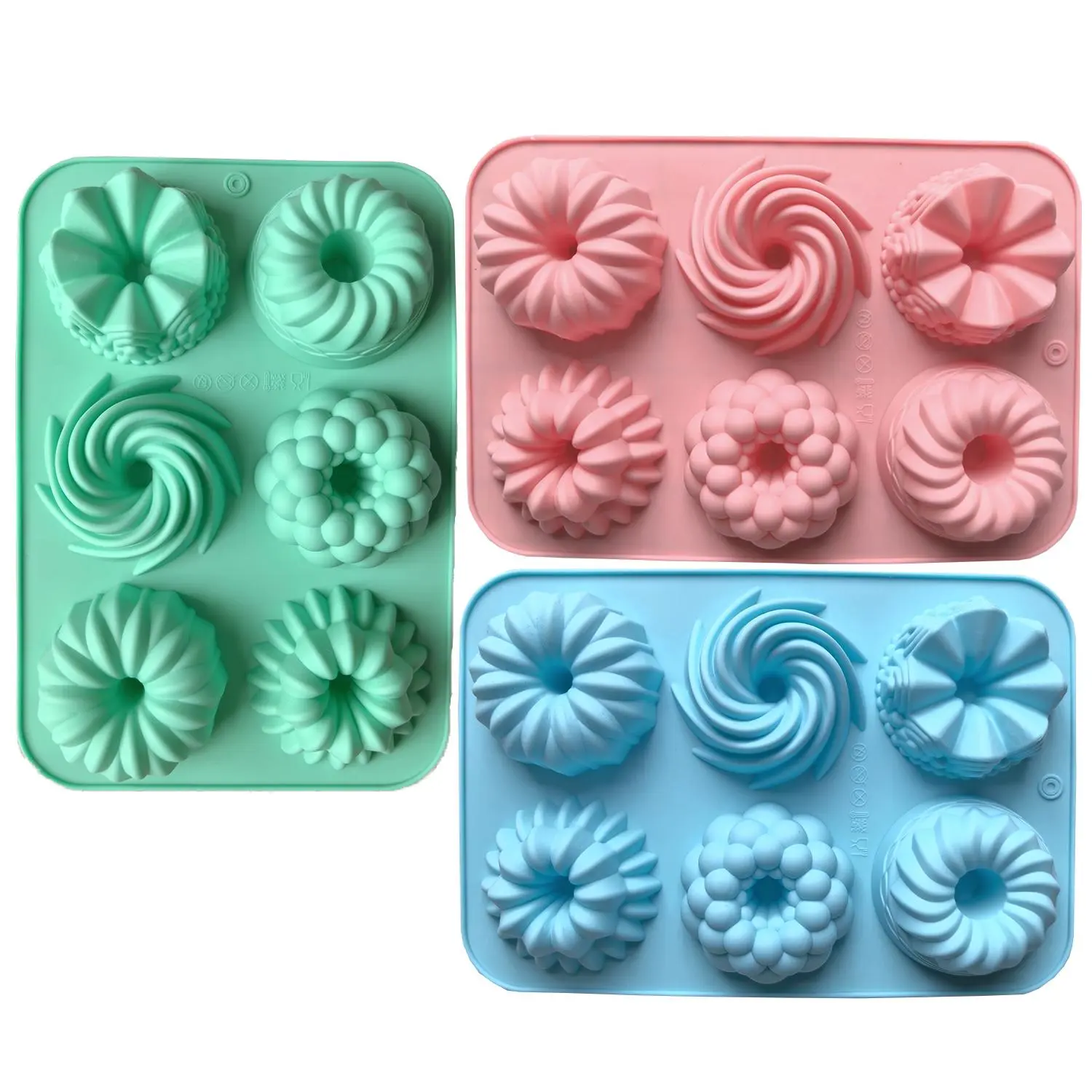 3PCS Silicone Donut Baking Molds - 6-Cavity Flower & Swirl Shapes, Non-Stick Food-Grade Reusable Bakeware, Silicone Molds for Cakes, Muffins