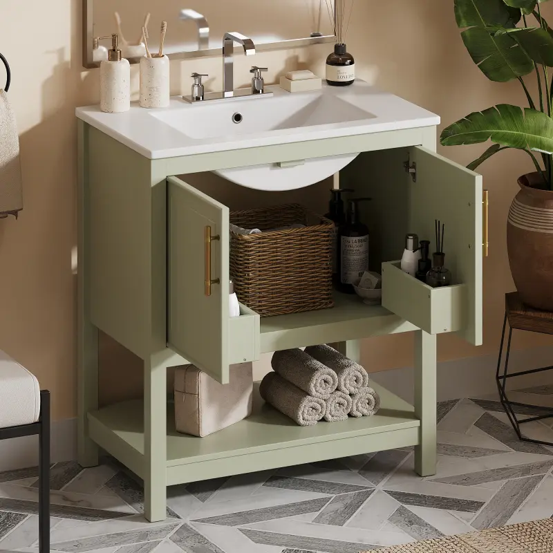 30-Inch Green Bathroom Vanity with Ceramic Sink and Versatile Storage - Ideal for Small Bathrooms   WL