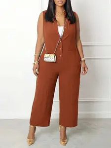 Plus Size Women's Solid Color V-Neck Sleeveless Romper, Hollow Out Neckline, Dual Pockets, Perfect for Holiday Casual Wear