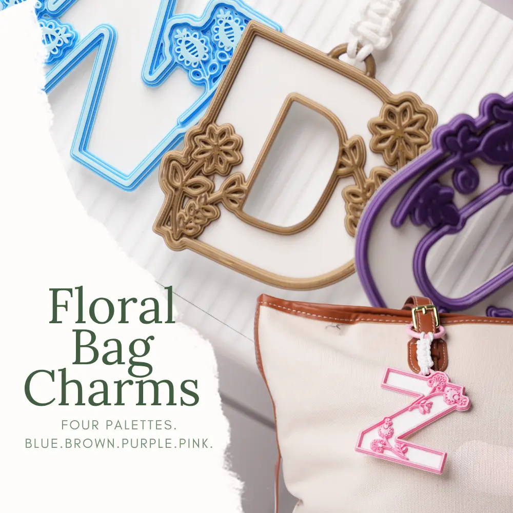 3D Printed Floral Letter Bag Charm, Monogram Keychain