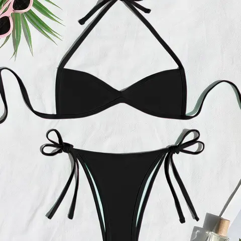 Two-piece Set Women's Plain / Colorblock Bikinis for Summer, Halter Tie Back Bikini Top & Tie Side High Cut Bikini Bottom, Ladies Summer Swimwear for Beach Holiday Vacation String Bikini Set #GLOBAL PICKS