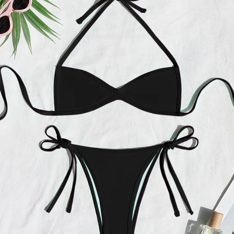 Two-piece Set Women's Plain / Colorblock Bikinis for Summer, Halter Tie Back Bikini Top & Tie Side High Cut Bikini Bottom, Ladies Summer Swimwear for Beach Holiday Vacation String Bikini Set #GLOBAL PICKS