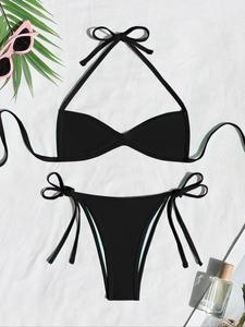 two-piece set women's plain bikinis for summer 2025, solid color halter tie back bikini top & tie side high cut bikini bottom, gothic bikini, bathing suits 2025 for women, swimsuit for women, matching set outfit, summer beach bikini