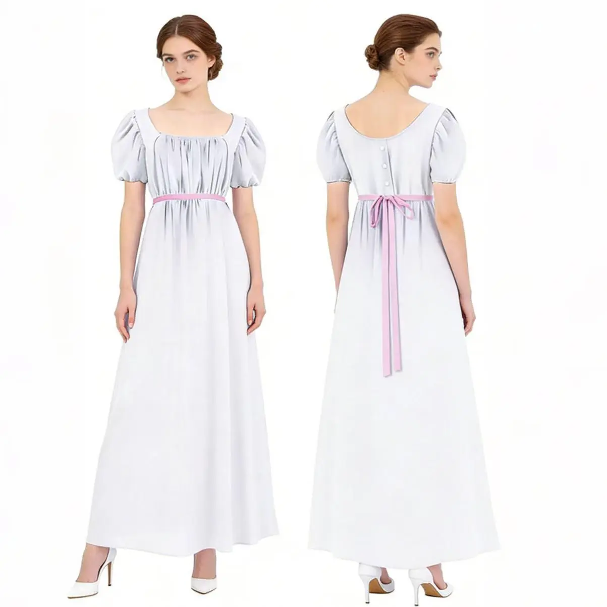 Women's Regency A-Line Maxi Gown - Soft Non-Stretch Polyester, Square Neck, Puff Sleeves, Empire Waist, Back Zipper, Elegant, Classic, All Seasons, Cold Wash, Do Not Bleach, Low Iron, for Cosplay, Tea Parties
