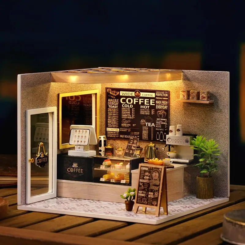 Coffee Shop DIY Wooden Miniature House Kit, 1 Box DIY Miniature Dollhouse Kit, 3D Puzzle, Home Decor, Decorations and Ornaments, Birthday Gift for Teenagers and Adults
