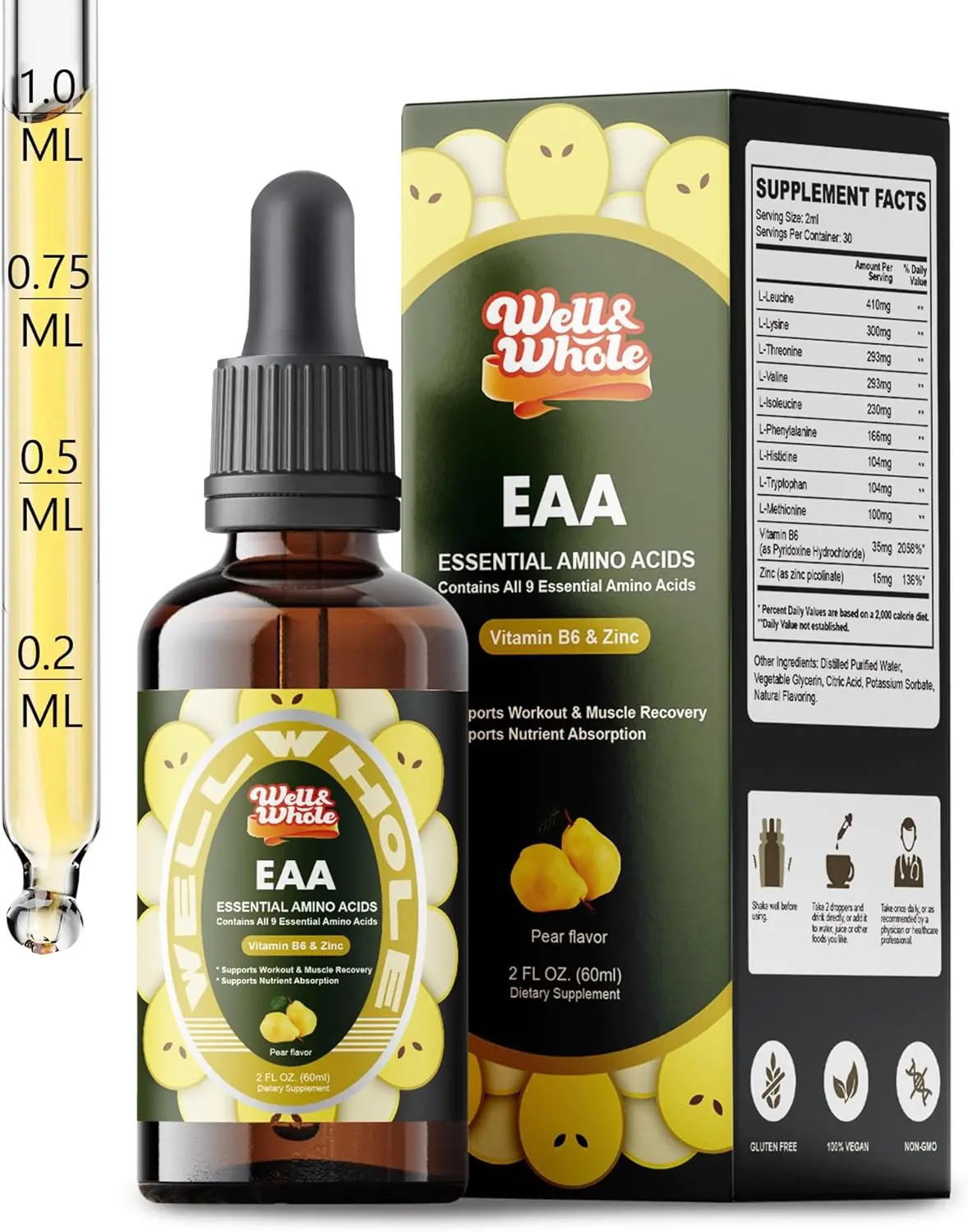 Essential Amino Acid (EAA) Liquid Drops & Liver Support Liquid Supplement | Complete Recovery Formula with Vitamin B6 & Zinc, Muscle & Liver Health, Immune Function, Non-GMO, Vegan-Friendly, 2 Fl Oz