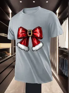 Christmas Festival Style Unisex T Shirt with Red Bow Tie and Santa Hat Print for Daily Casual Wear Holiday Parties and Festive Occasions