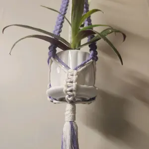Purple and white flat-style macrame plant window hanger, with silver ring, for 2 inch pots