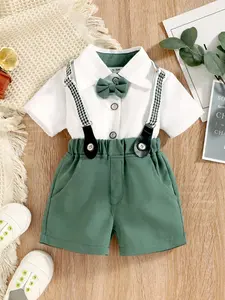 Baby Boy Gentleman Formal Set, Butterfly Knot Bow Tie Shirt Short Sleeve Top + Suspender Shorts, Summer Dress Suit