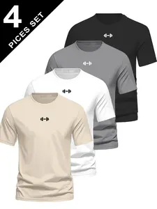 Men's Versatile Letter Pattern Fitness Sport Print T-Shirt 4 Pack, Summer Round Neck Short Sleeve, Casual Comfortable Top for Outdoor Wear, Activewear T Shirt