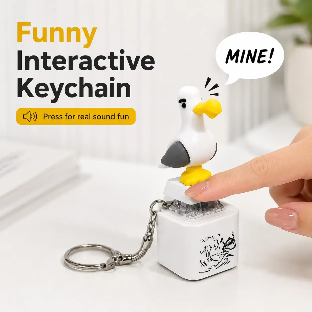Cute "MINE!" Seagull Keychain & Fun Desk Ornament – ​​Features Realistic Sound Effects and LED Light; An Interactive Gift for Friends and Family