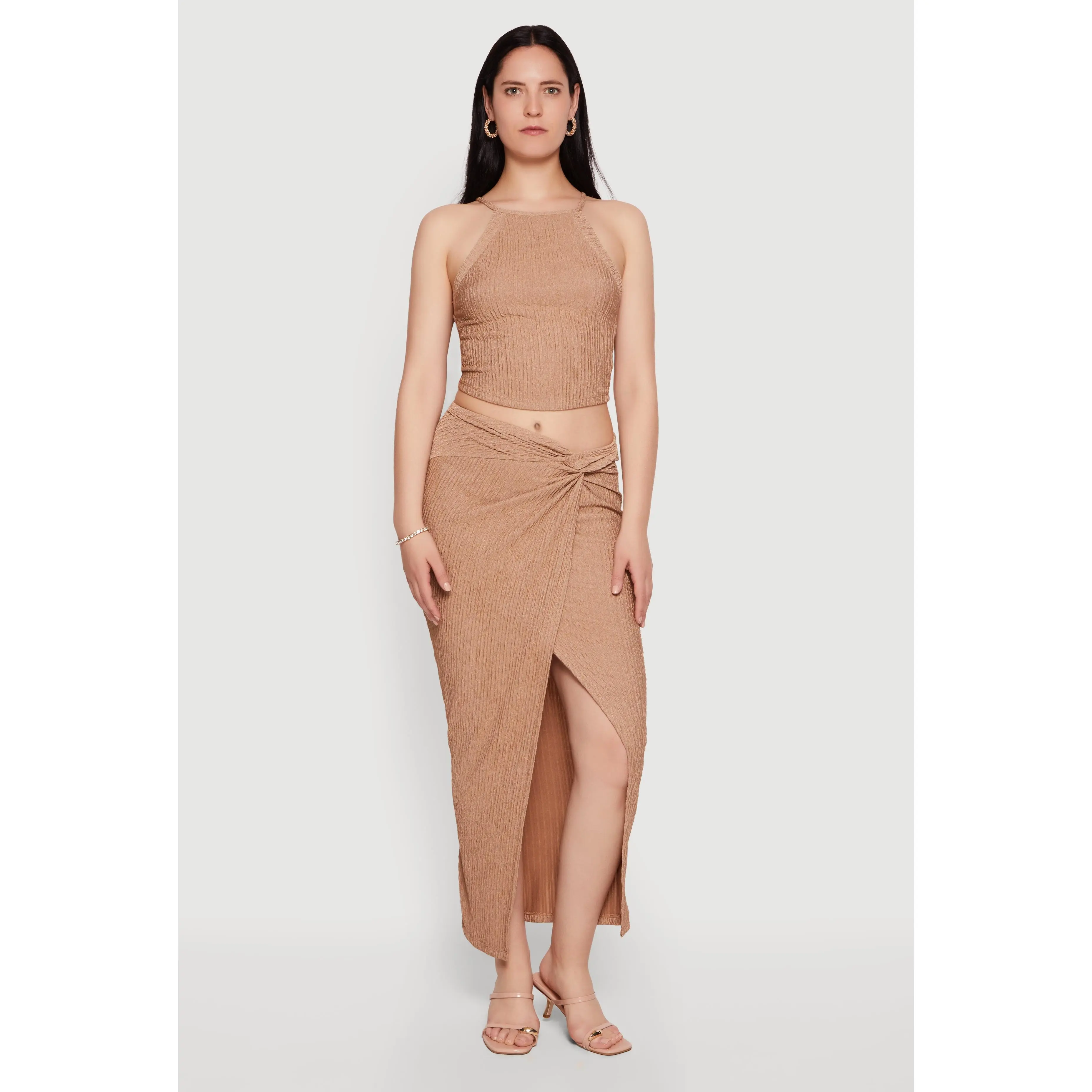 Textured Knit Twist Front Asymmetrical Slit Skirt