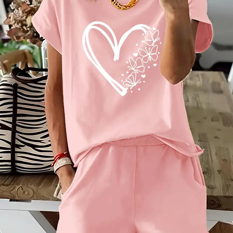 Women's Heart Print Tee & Shorts Two-piece Set, Summer Loungewear Sets, Casual Fitted Round Neck Short Sleeve T-shirt & Shorts for Daily Wear, Ladies Two-piece Outfits for All Seasons, Fashion Clothing Set, Womenswear, Fabric