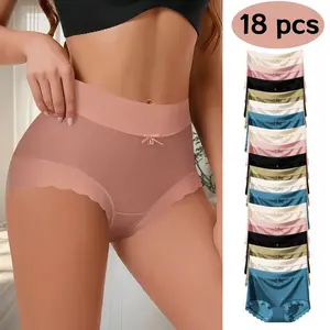 QQ 12-Piece Elegant Satin Bow-Trimmed Panties, Sexy Style, Smooth Knitted Fabric, Comfortable, Soft and High-Elastic Underwear, Suitable for Daily Casual Wear, Elegant Design Chic Womenswear Fit Basic Minimalist