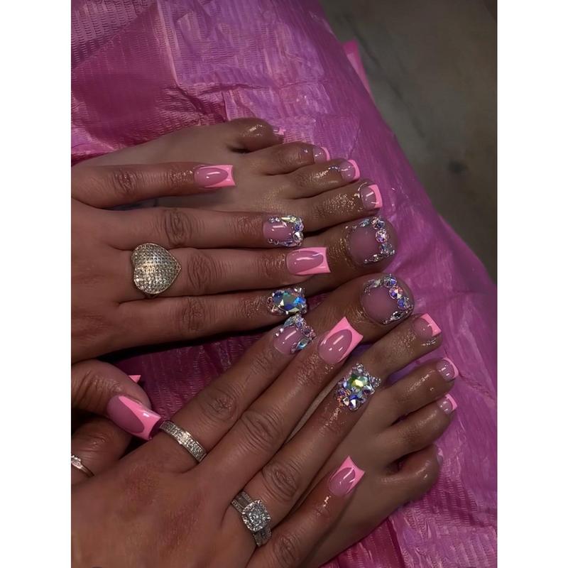 Upgrade Your Look - 48pcs Pink French Style Manicure Set With Rhinestones For Women And Girls Press On Nails Multicolor High Quality Glitter Diy False Toenails nail